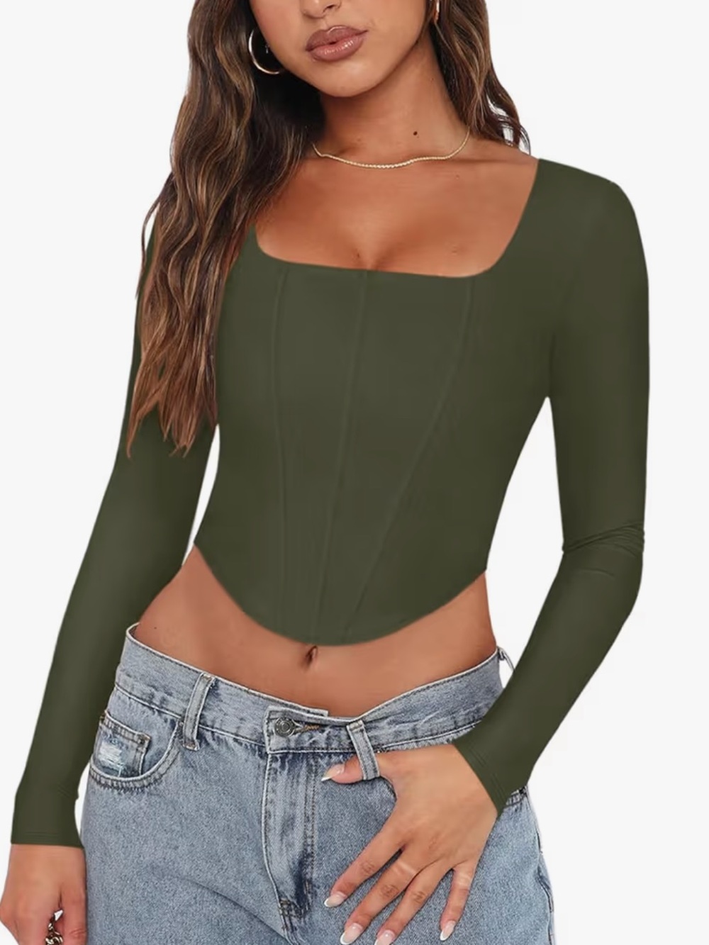 REORIA Womens Trendy Sexy Square Neck Long Sleeve Backless Corset Crop Top